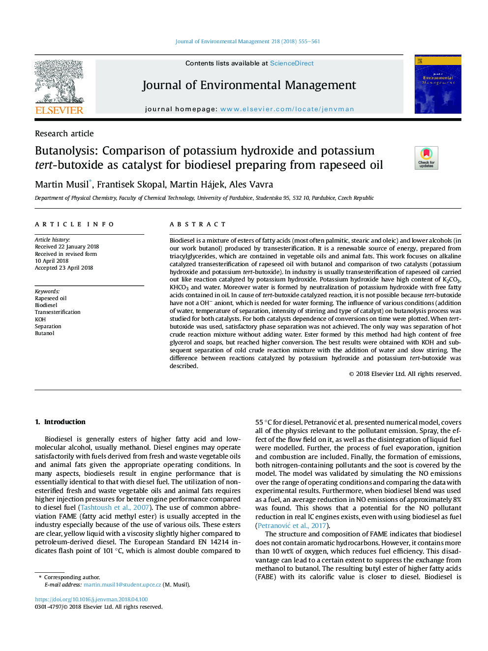 Butanolysis: Comparison of potassium hydroxide and potassium tert-butoxide as catalyst for biodiesel preparing from rapeseed oil