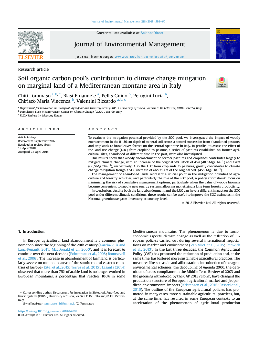 Soil organic carbon pool's contribution to climate change mitigation on marginal land of a Mediterranean montane area in Italy