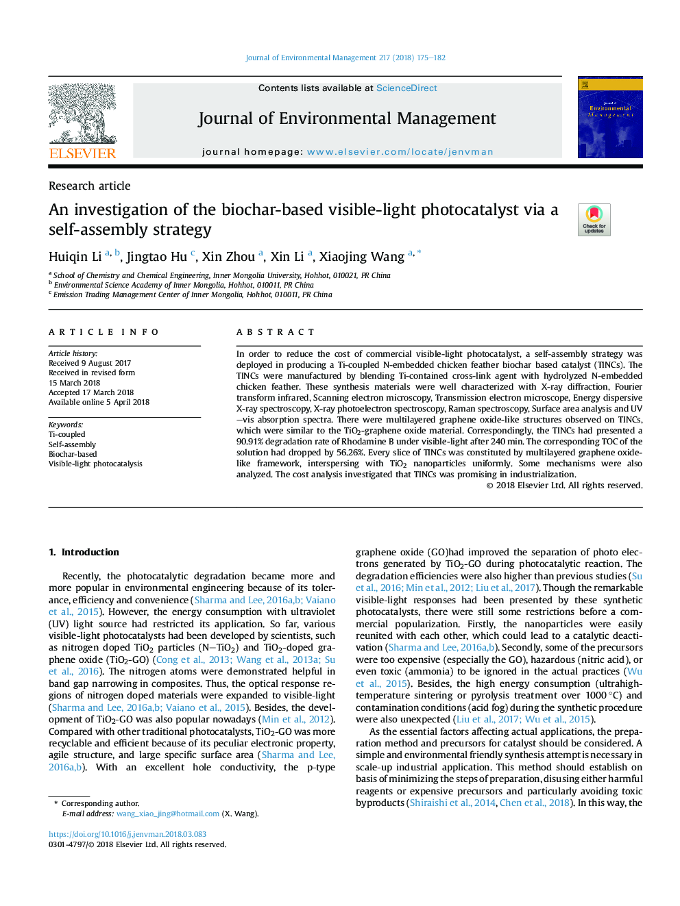 An investigation of the biochar-based visible-light photocatalyst via a self-assembly strategy