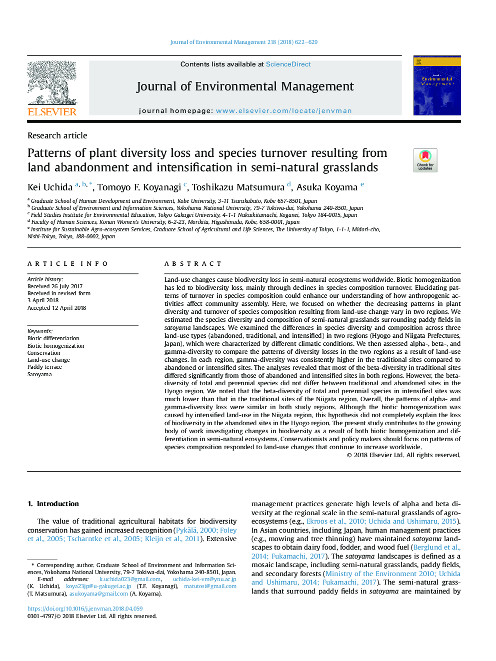 Patterns of plant diversity loss and species turnover resulting from land abandonment and intensification in semi-natural grasslands