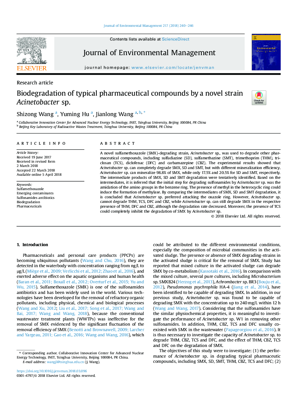 Biodegradation of typical pharmaceutical compounds by a novel strain Acinetobacter sp.