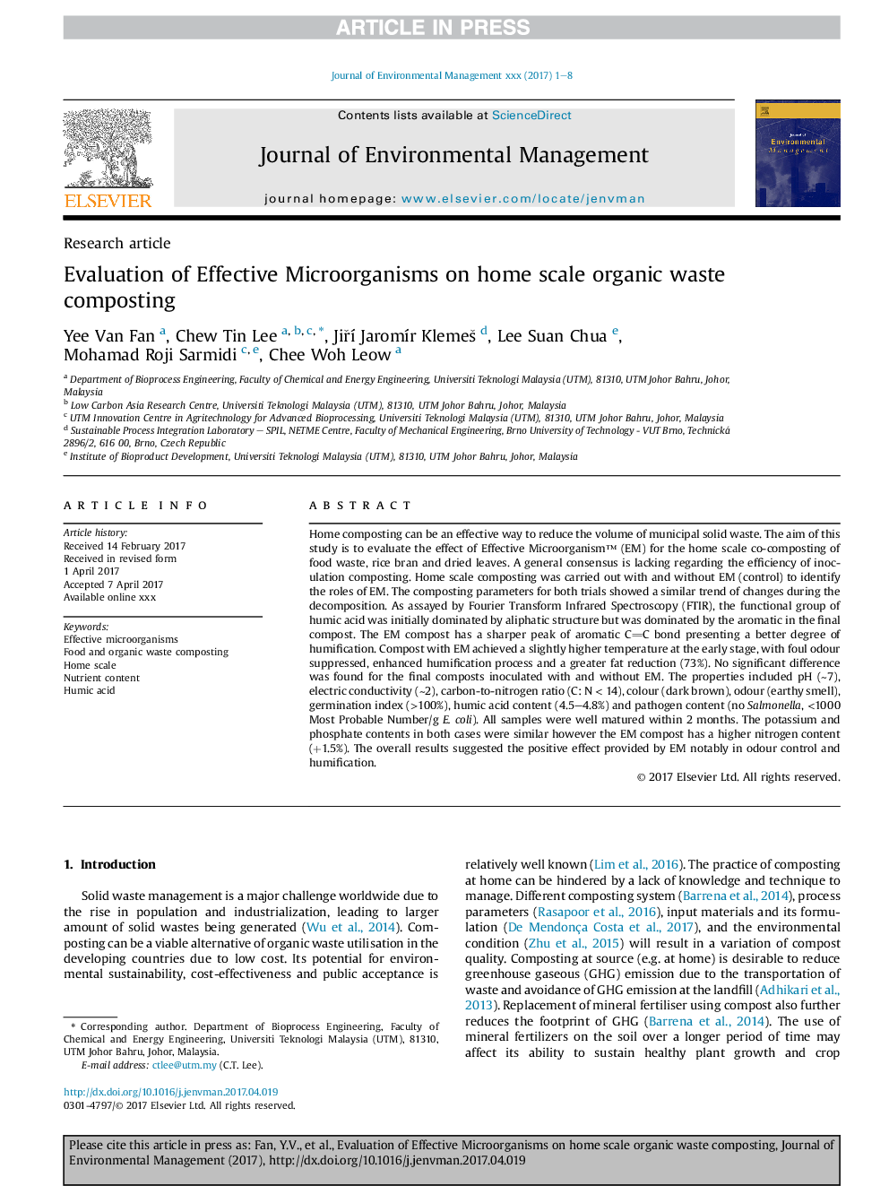 Evaluation of Effective Microorganisms on home scale organic waste composting