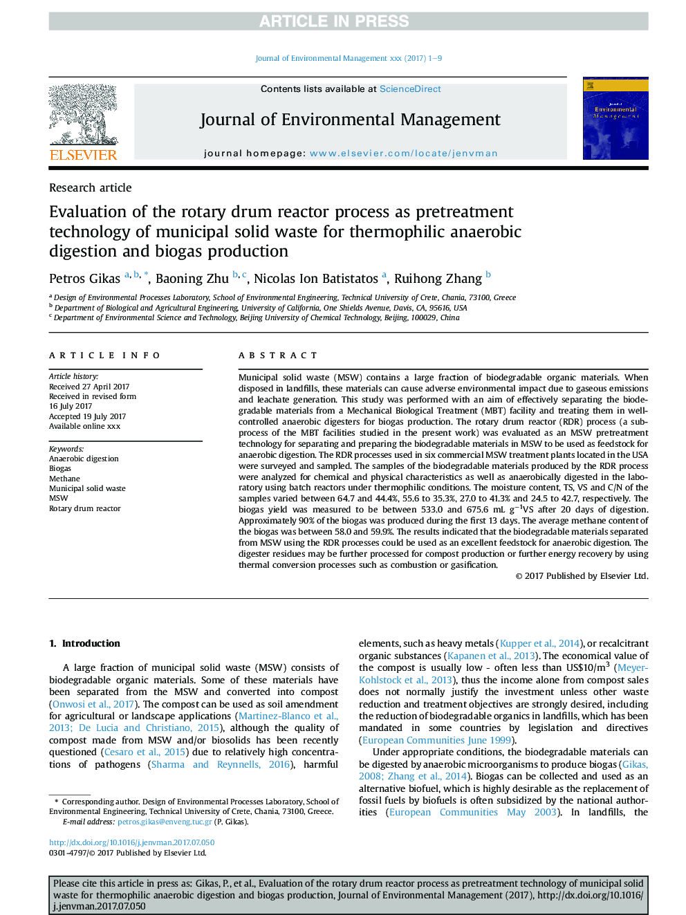 Evaluation of the rotary drum reactor process as pretreatment technology of municipal solid waste for thermophilic anaerobic digestion and biogas production