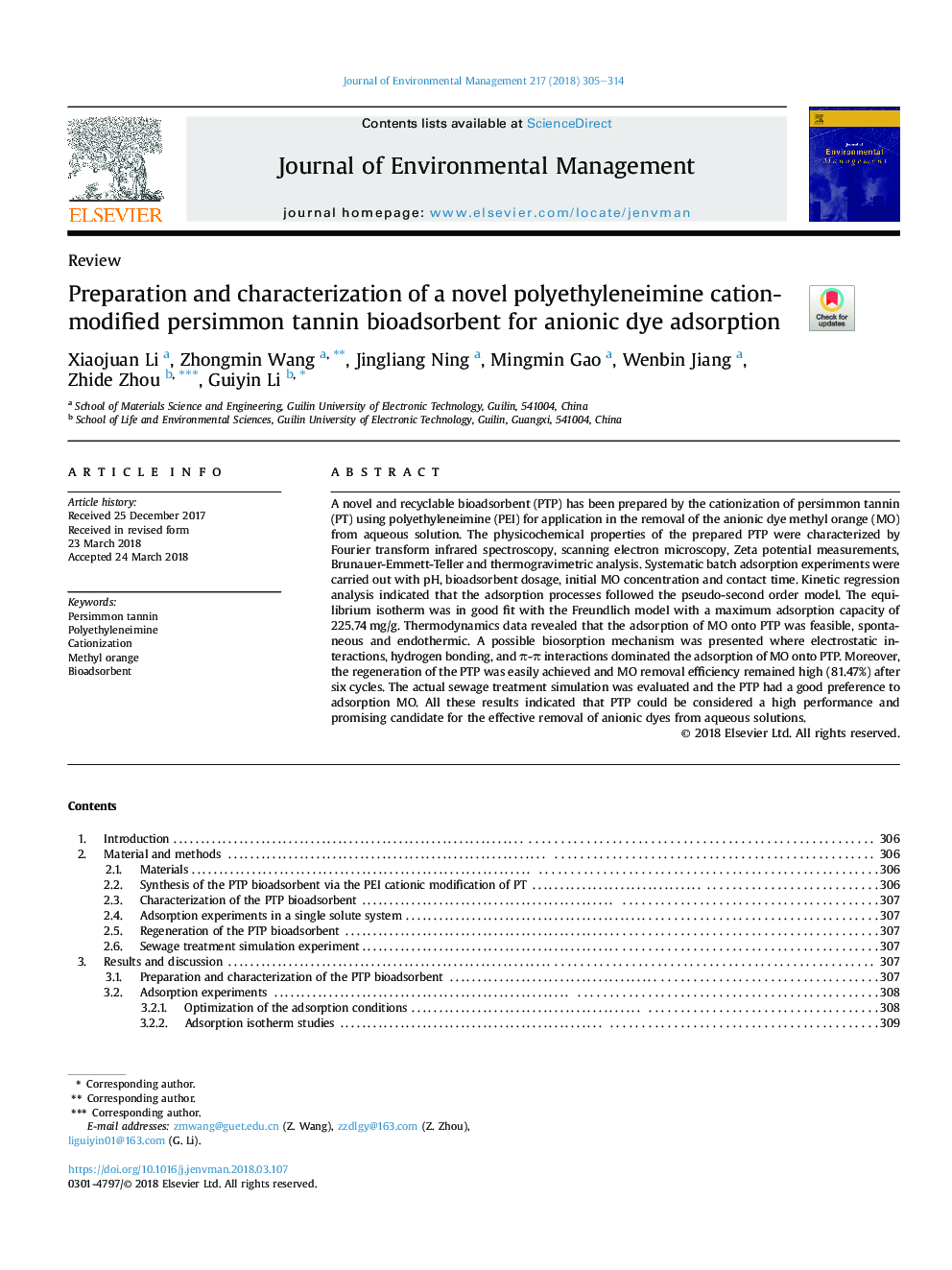 Preparation and characterization of a novel polyethyleneimine cation-modified persimmon tannin bioadsorbent for anionic dye adsorption