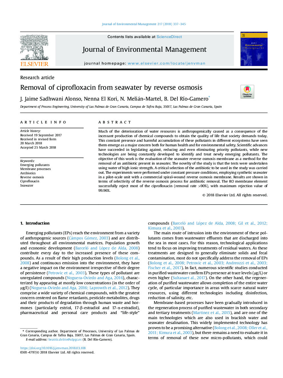 Removal of ciprofloxacin from seawater by reverse osmosis