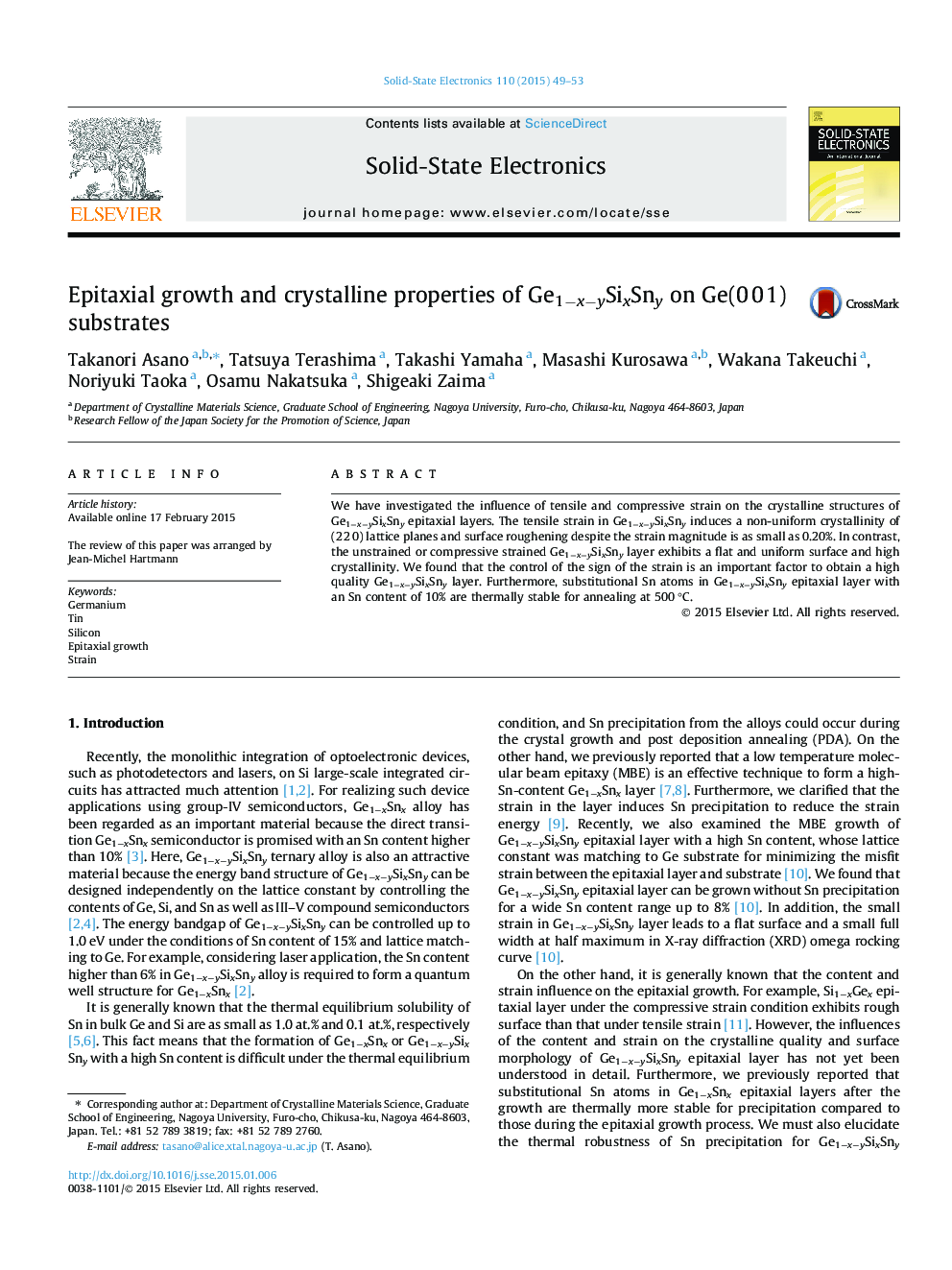 Epitaxial growth and crystalline properties of Ge1−x−ySixSny on Ge(0 0 1) substrates