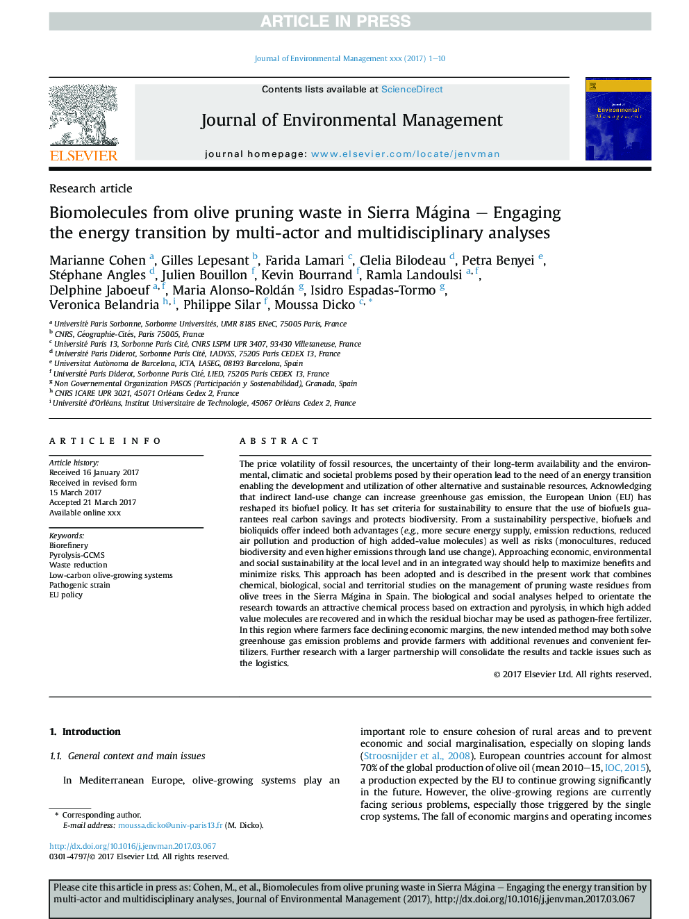 Biomolecules from olive pruning waste in Sierra Mágina - Engaging the energy transition by multi-actor and multidisciplinary analyses