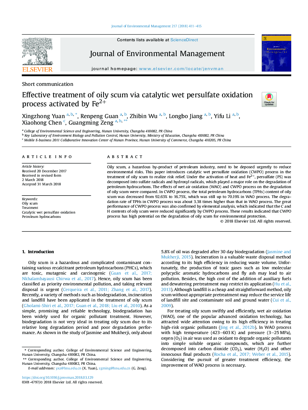 Effective treatment of oily scum via catalytic wet persulfate oxidation process activated by Fe2+