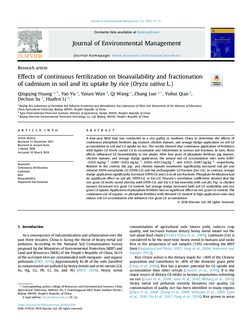 Effects of continuous fertilization on bioavailability and fractionation of cadmium in soil and its uptake by rice (Oryza sativa L.)