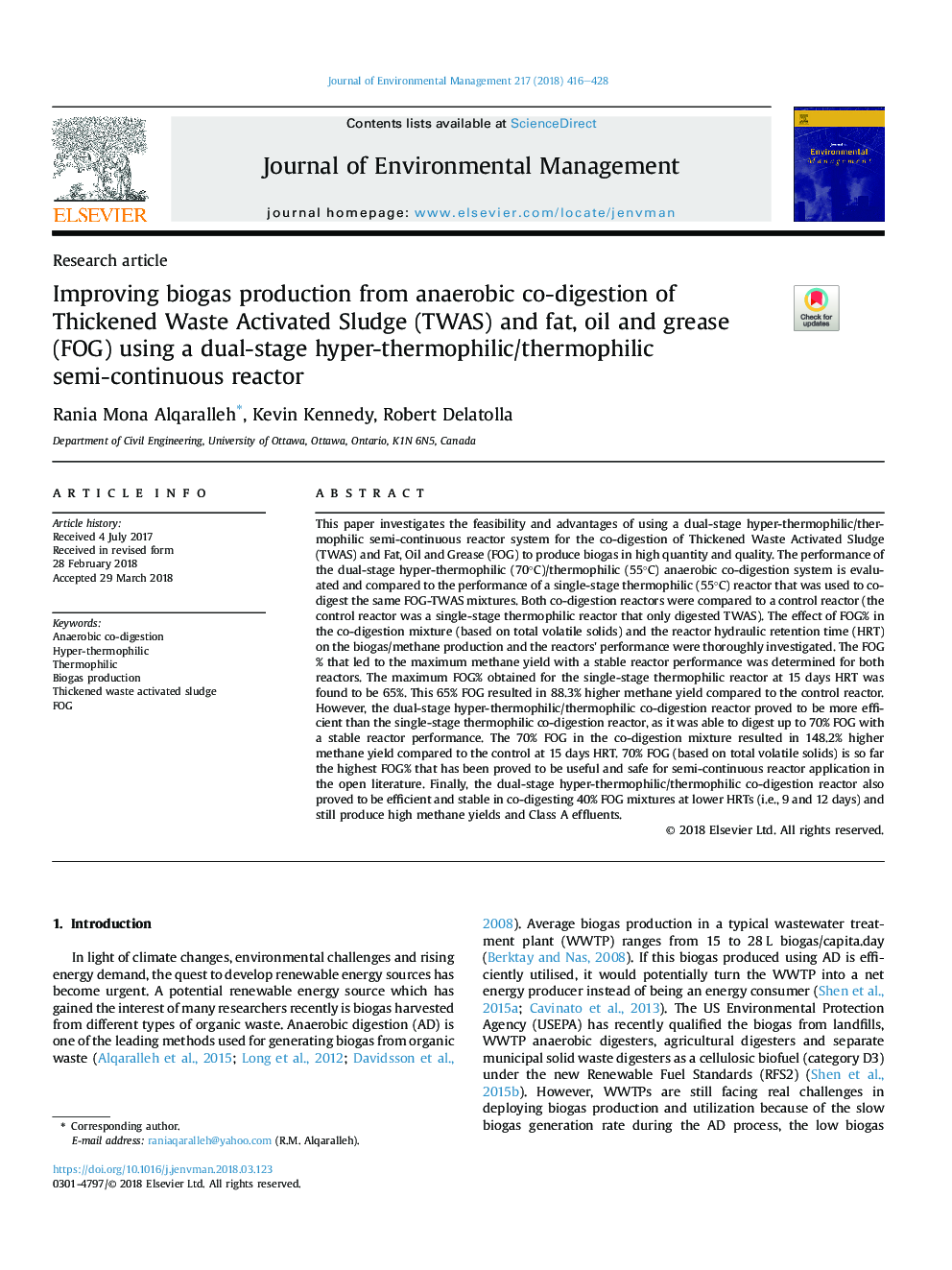 Improving biogas production from anaerobic co-digestion of Thickened Waste Activated Sludge (TWAS) and fat, oil and grease (FOG) using a dual-stage hyper-thermophilic/thermophilic semi-continuous reactor