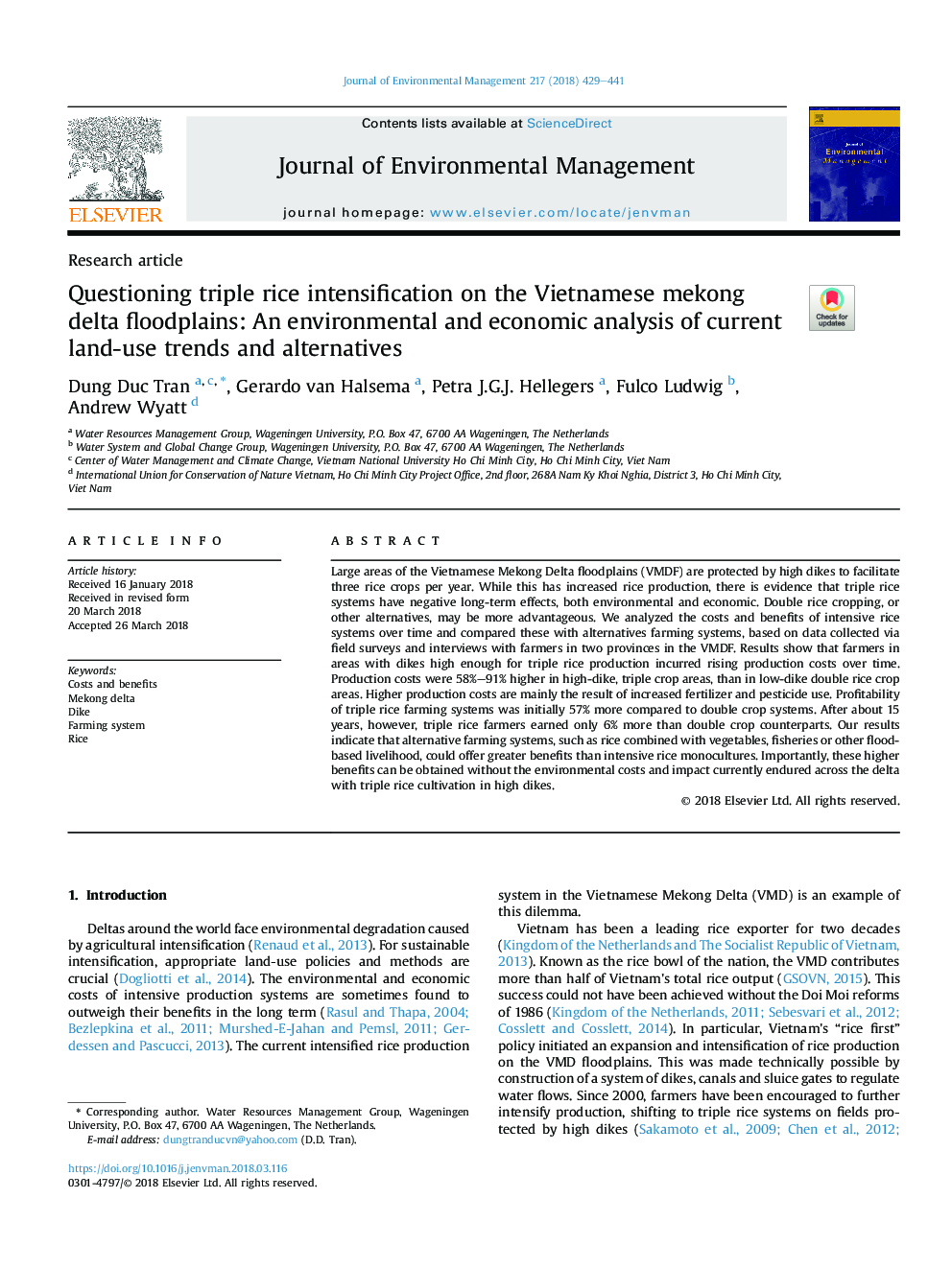 Questioning triple rice intensification on the Vietnamese mekong delta floodplains: An environmental and economic analysis of current land-use trends and alternatives