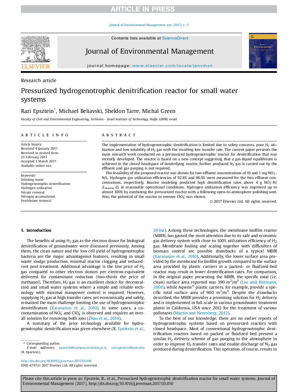 Pressurized hydrogenotrophic denitrification reactor for small water systems