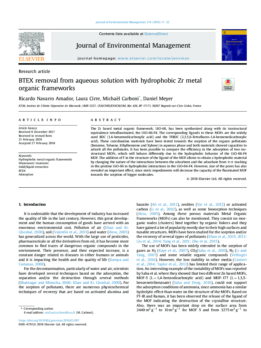 BTEX removal from aqueous solution with hydrophobic Zr metal organic frameworks