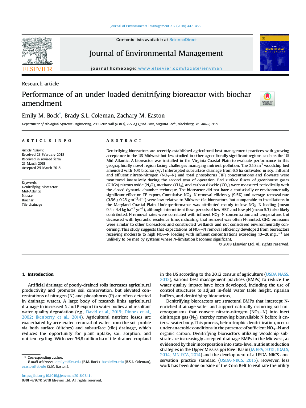 Performance of an under-loaded denitrifying bioreactor with biochar amendment