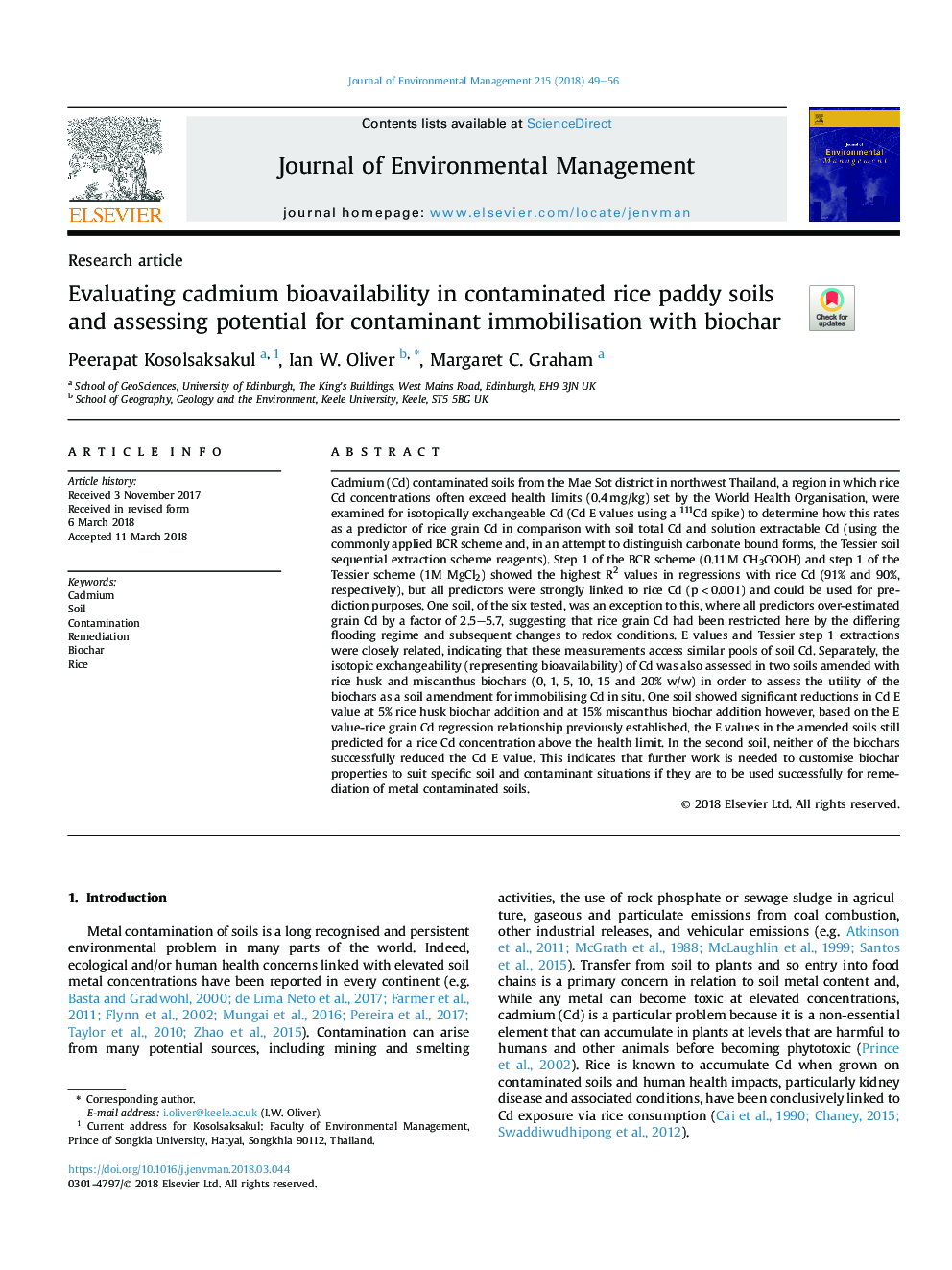 Evaluating cadmium bioavailability in contaminated rice paddy soils and assessing potential for contaminant immobilisation with biochar