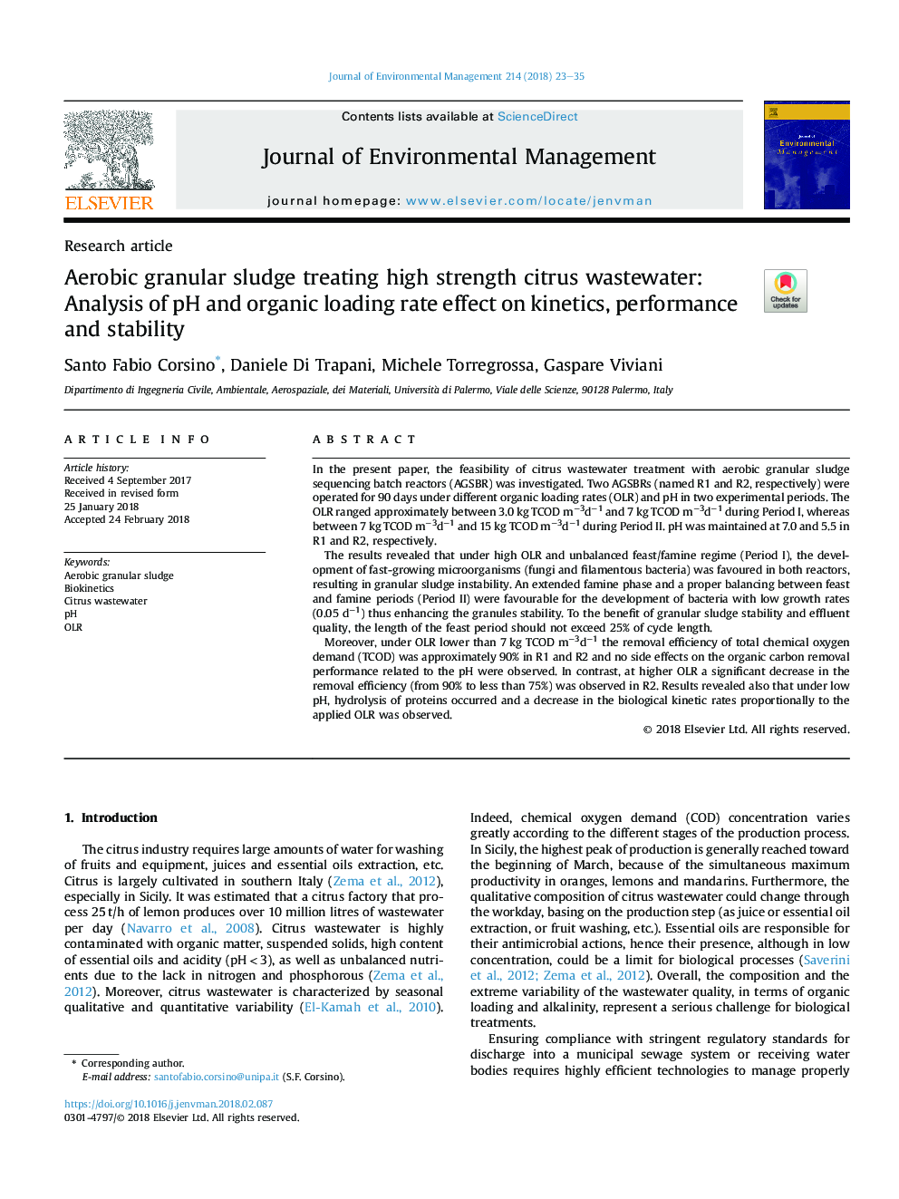 Aerobic granular sludge treating high strength citrus wastewater: Analysis of pH and organic loading rate effect on kinetics, performance and stability