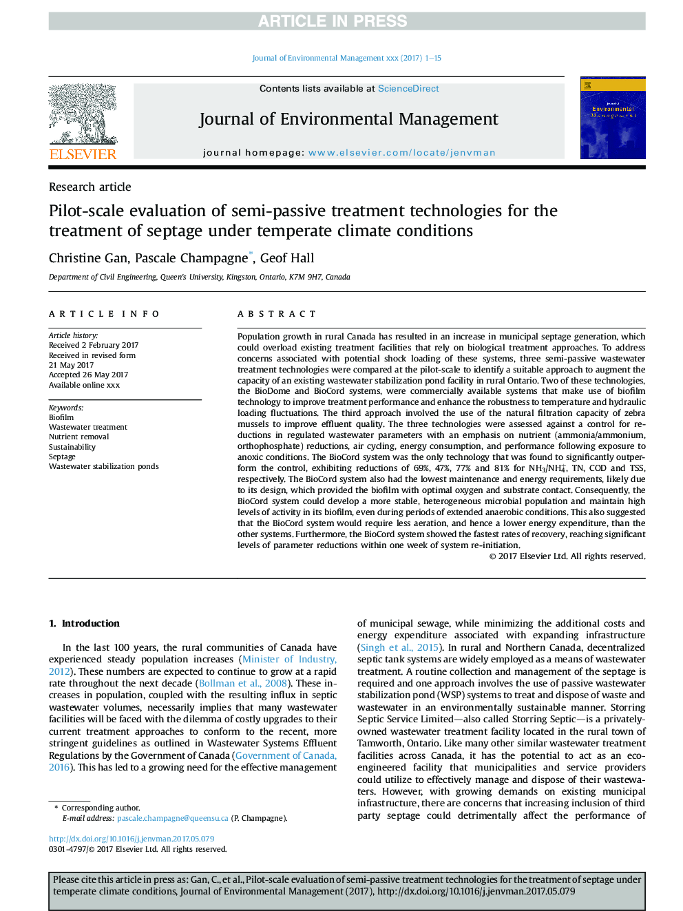 Pilot-scale evaluation of semi-passive treatment technologies for the treatment of septage under temperate climate conditions