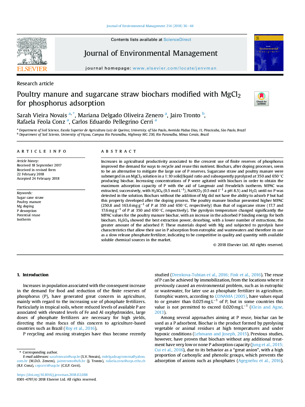 Poultry manure and sugarcane straw biochars modified with MgCl2 for phosphorus adsorption