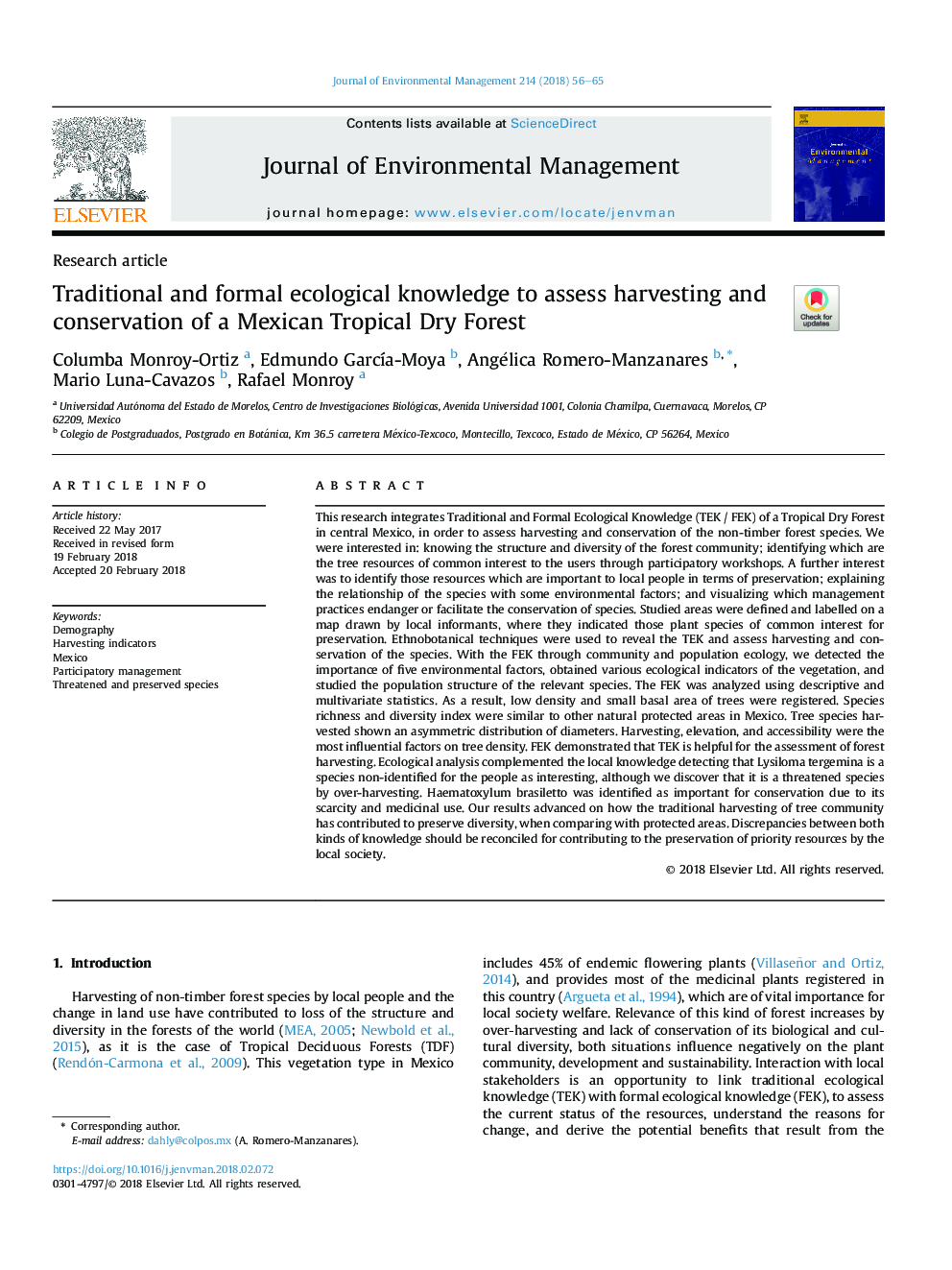 Traditional and formal ecological knowledge to assess harvesting and conservation of a Mexican Tropical Dry Forest