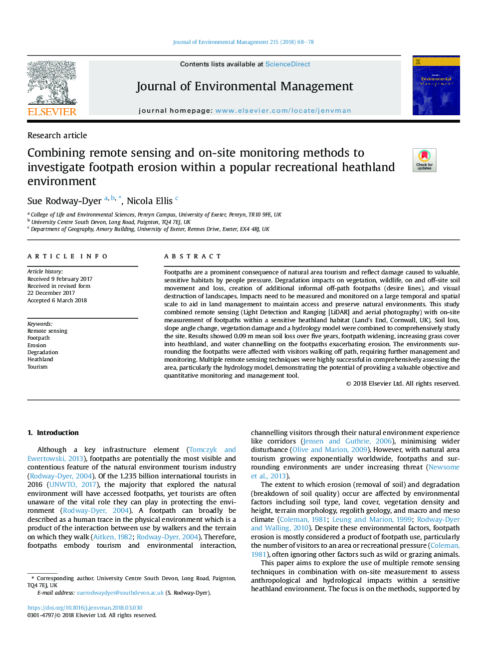 Combining remote sensing and on-site monitoring methods to investigate footpath erosion within a popular recreational heathland environment