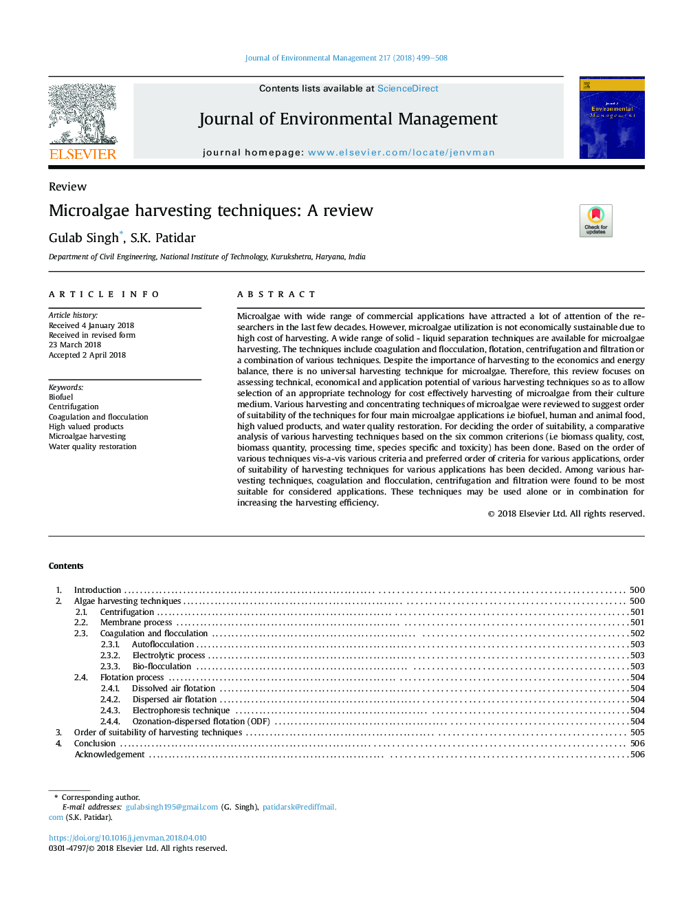 Microalgae harvesting techniques: A review