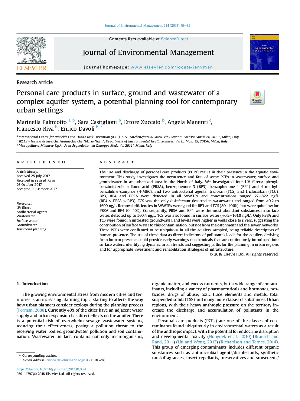 Personal care products in surface, ground and wastewater of a complex aquifer system, a potential planning tool for contemporary urban settings