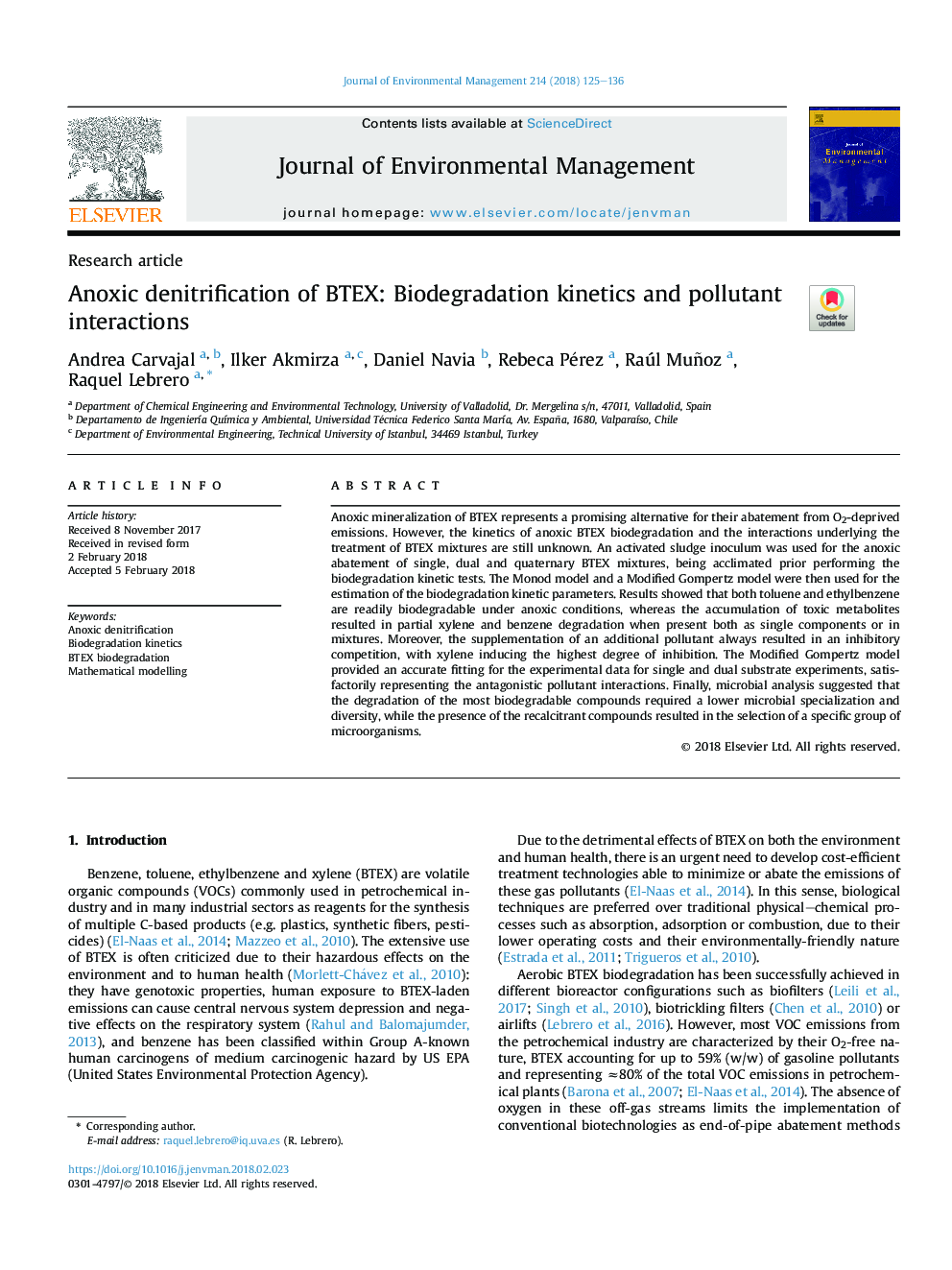 Anoxic denitrification of BTEX: Biodegradation kinetics and pollutant interactions