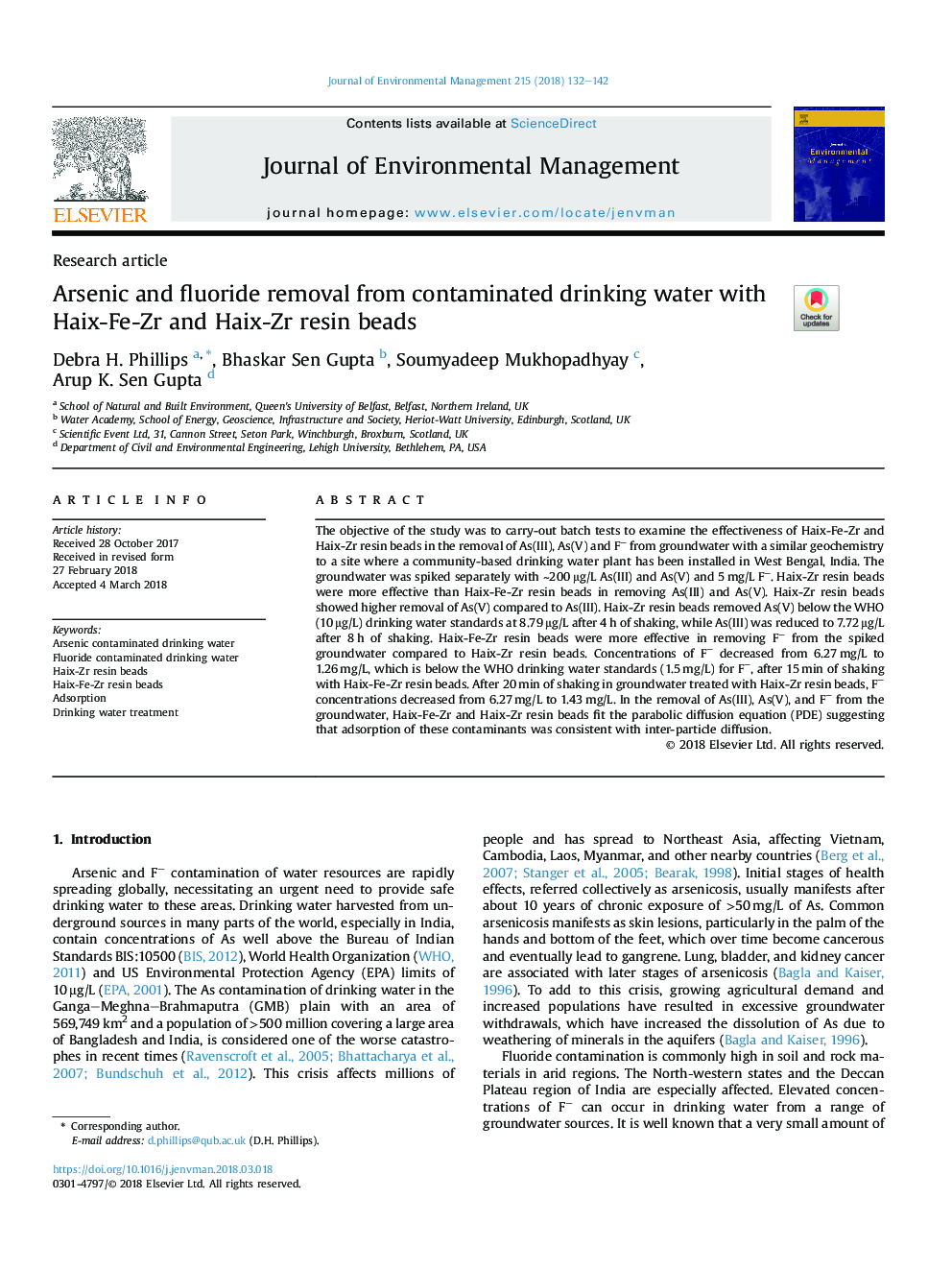 Arsenic and fluoride removal from contaminated drinking water with Haix-Fe-Zr and Haix-Zr resin beads