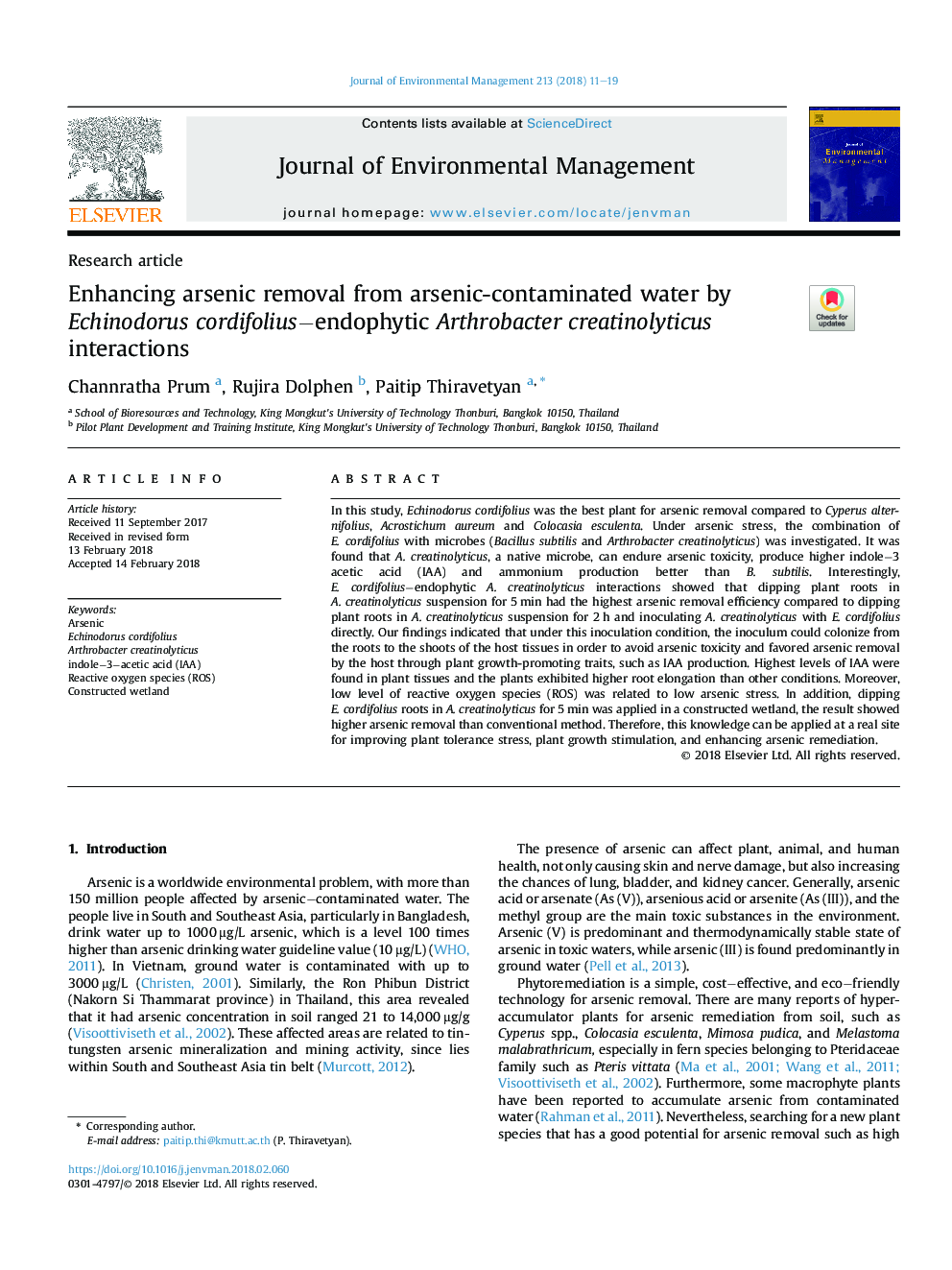 Enhancing arsenic removal from arsenic-contaminated water by Echinodorus cordifoliusâendophytic Arthrobacter creatinolyticus interactions