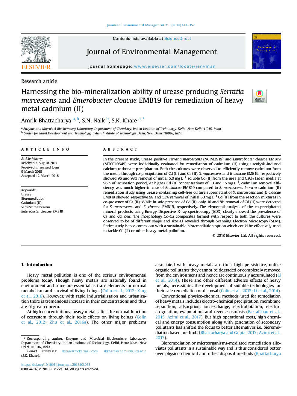 Harnessing the bio-mineralization ability of urease producing Serratia marcescens and Enterobacter cloacae EMB19 for remediation of heavy metal cadmium (II)