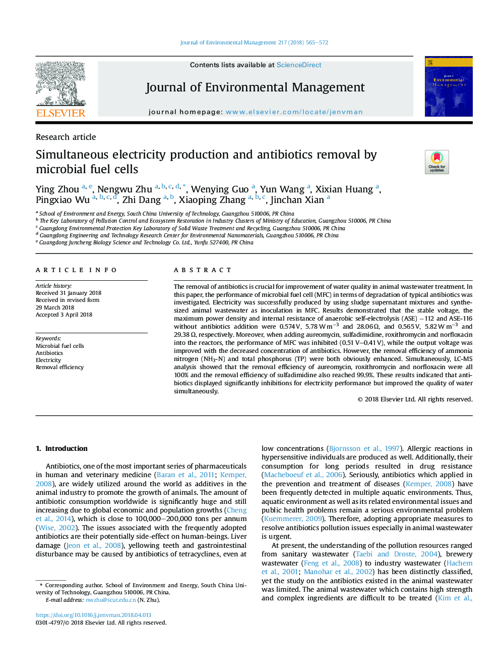 Simultaneous electricity production and antibiotics removal by microbial fuel cells