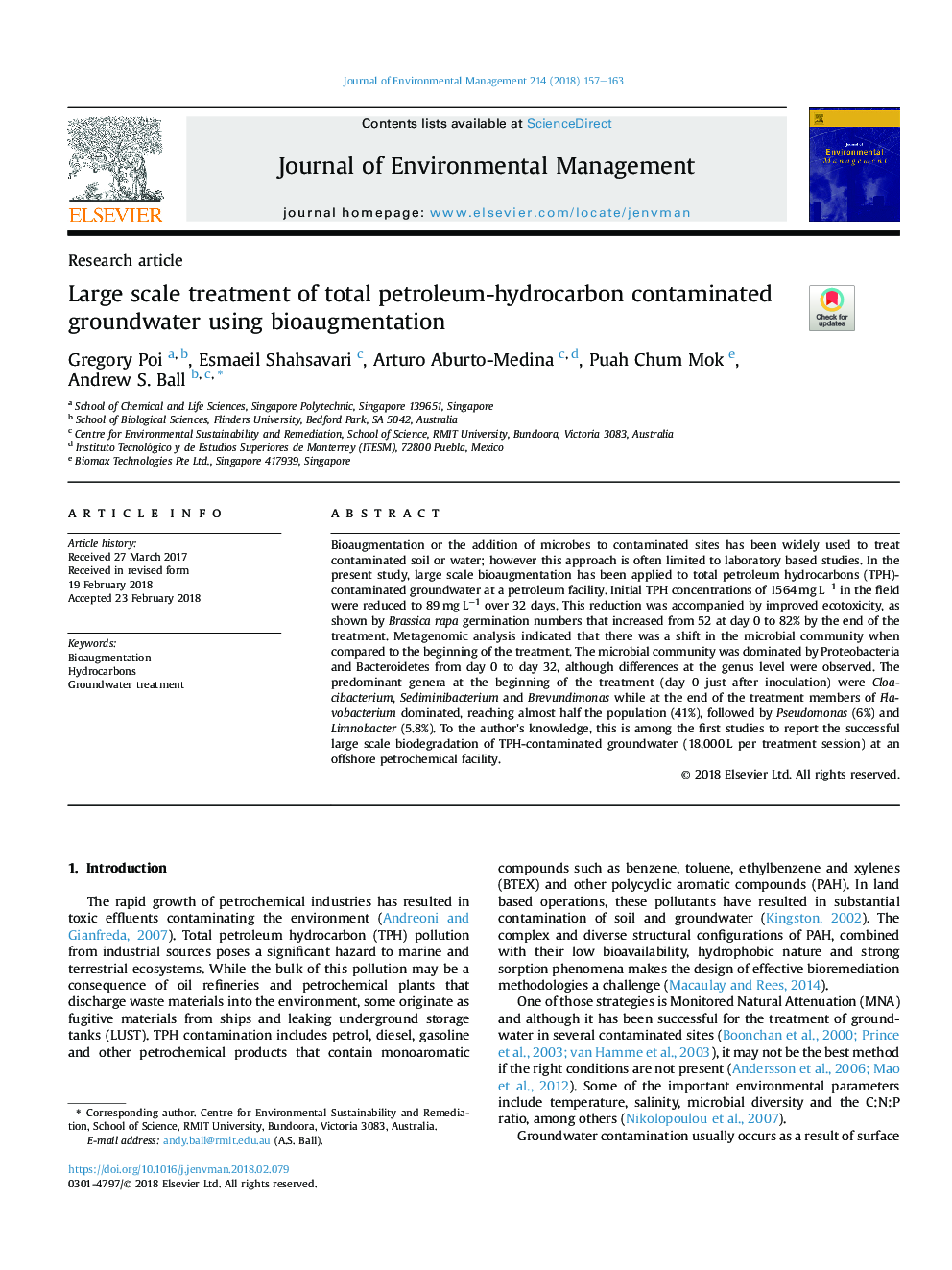 Large scale treatment of total petroleum-hydrocarbon contaminated groundwater using bioaugmentation