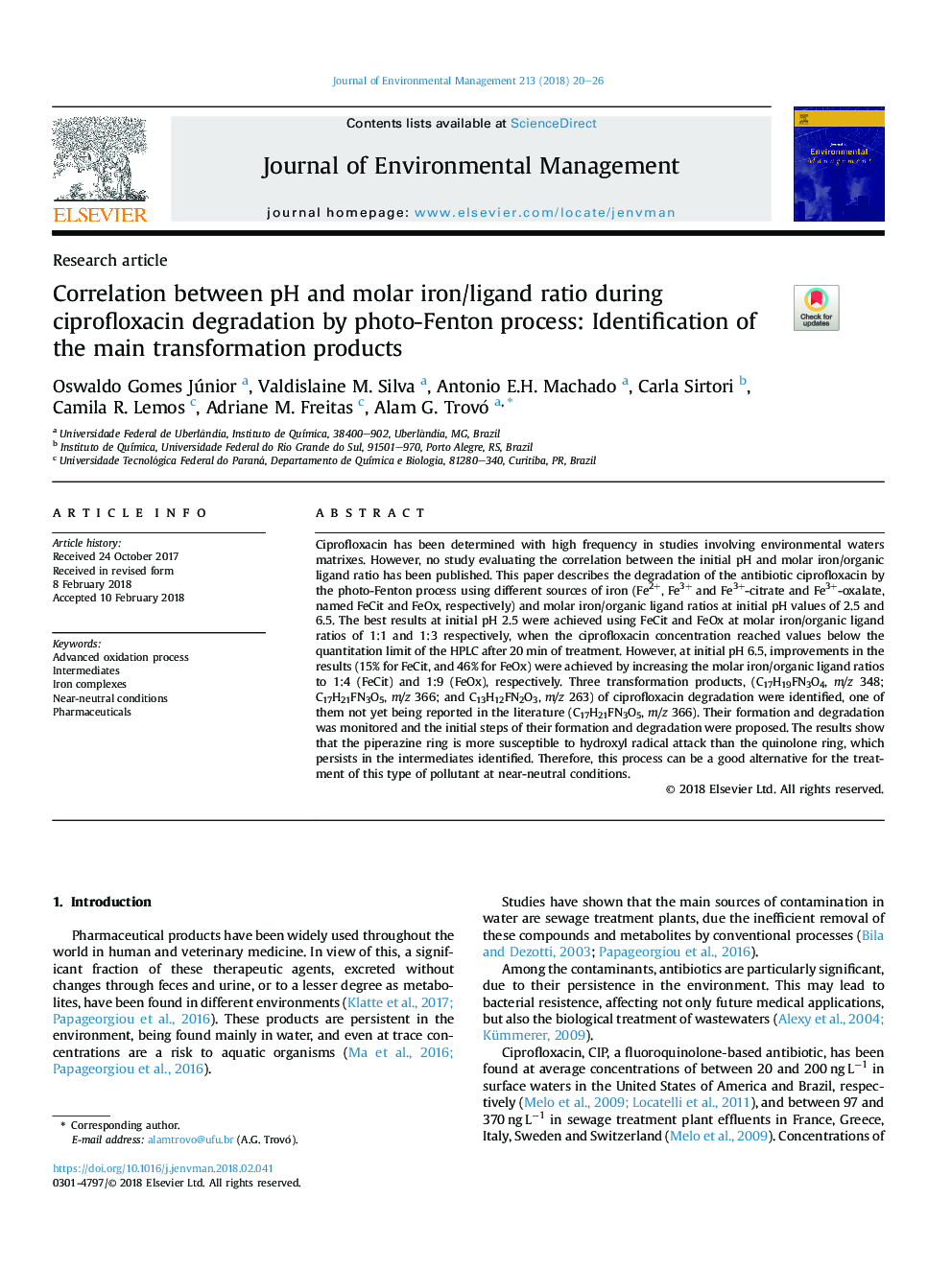 Correlation between pH and molar iron/ligand ratio during ciprofloxacin degradation by photo-Fenton process: Identification of the main transformation products