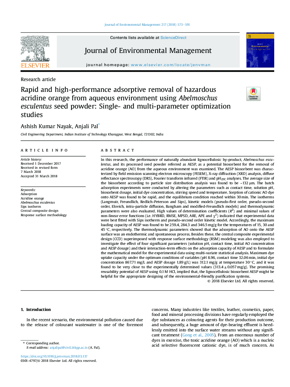 Rapid and high-performance adsorptive removal of hazardous acridine orange from aqueous environment using Abelmoschus esculentus seed powder: Single- and multi-parameter optimization studies