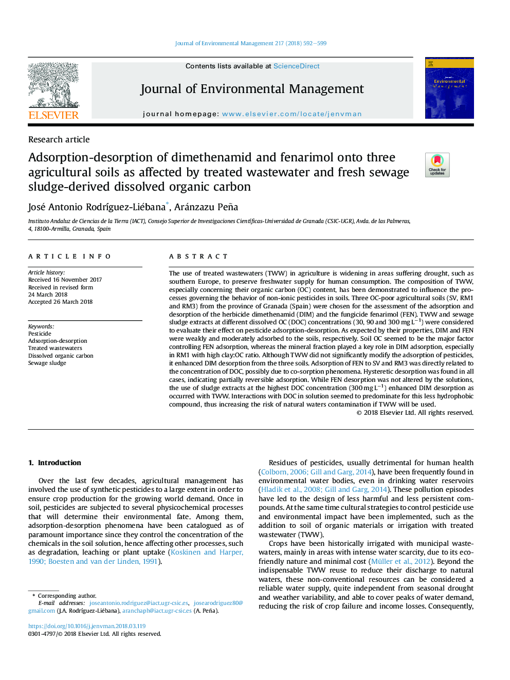 Adsorption-desorption of dimethenamid and fenarimol onto three agricultural soils as affected by treated wastewater and fresh sewage sludge-derived dissolved organic carbon