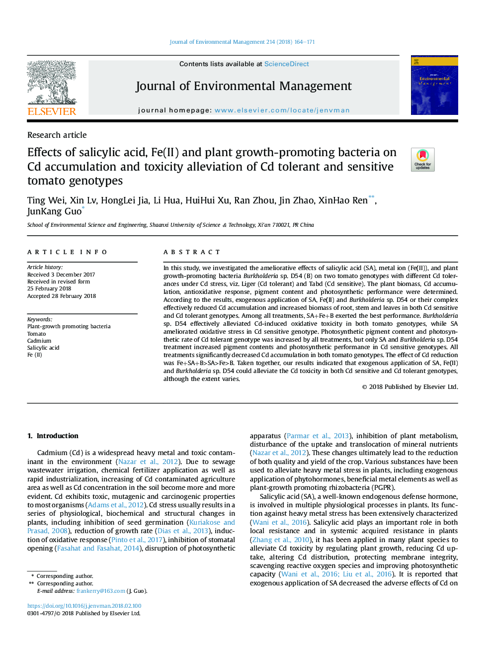 Effects of salicylic acid, Fe(II) and plant growth-promoting bacteria on Cd accumulation and toxicity alleviation of Cd tolerant and sensitive tomato genotypes