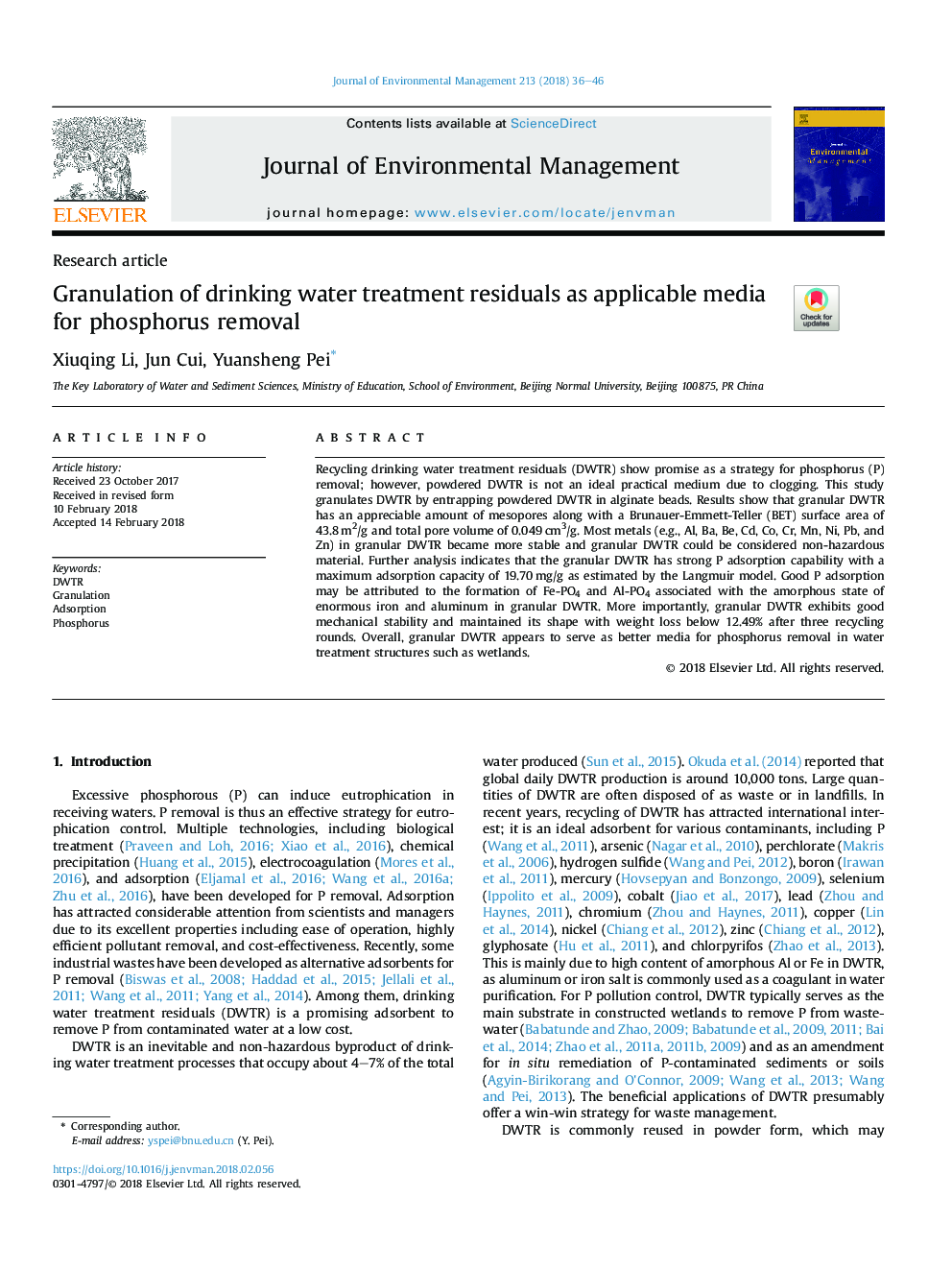 Granulation of drinking water treatment residuals as applicable media for phosphorus removal