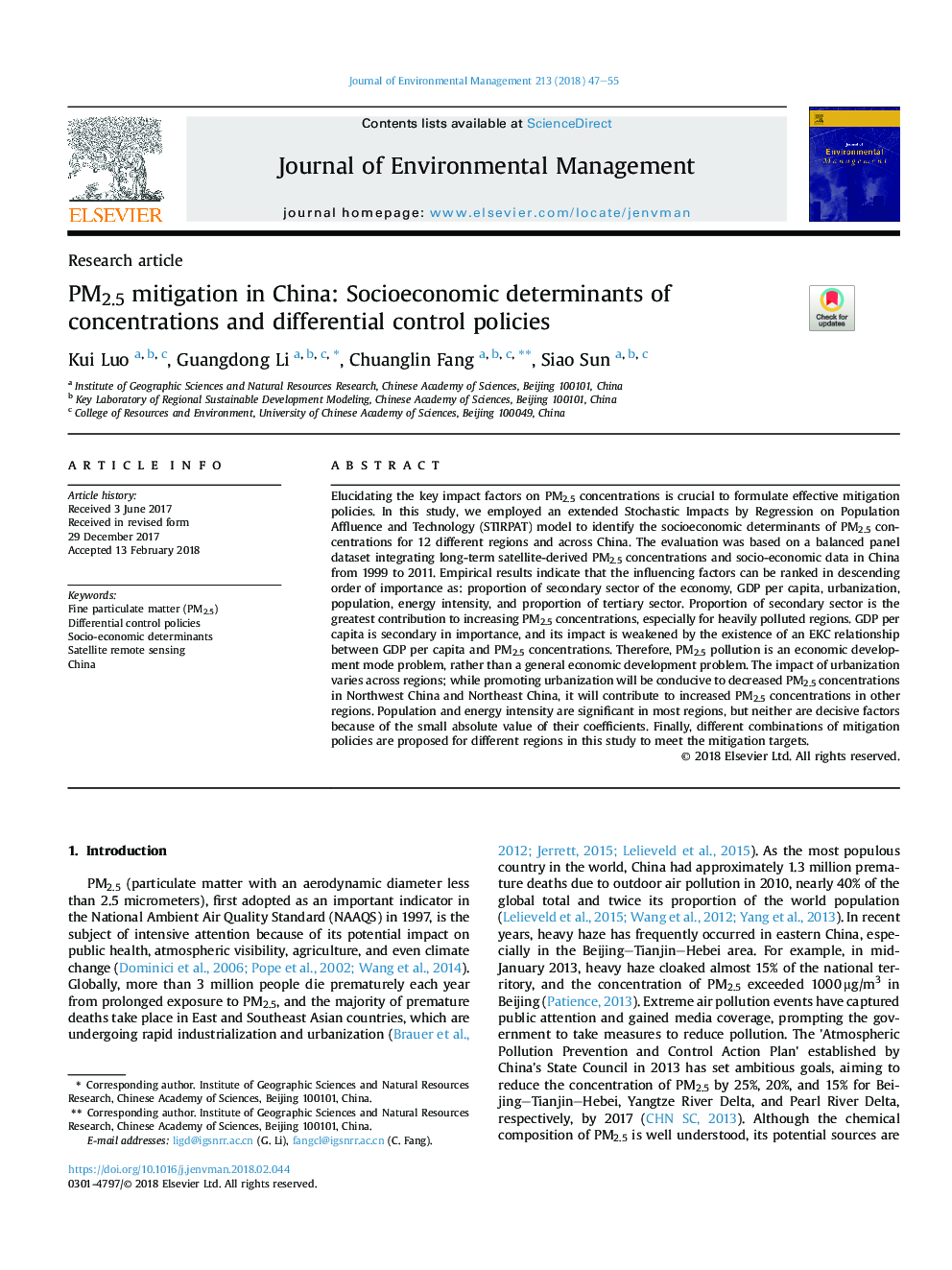 PM2.5 mitigation in China: Socioeconomic determinants of concentrations and differential control policies