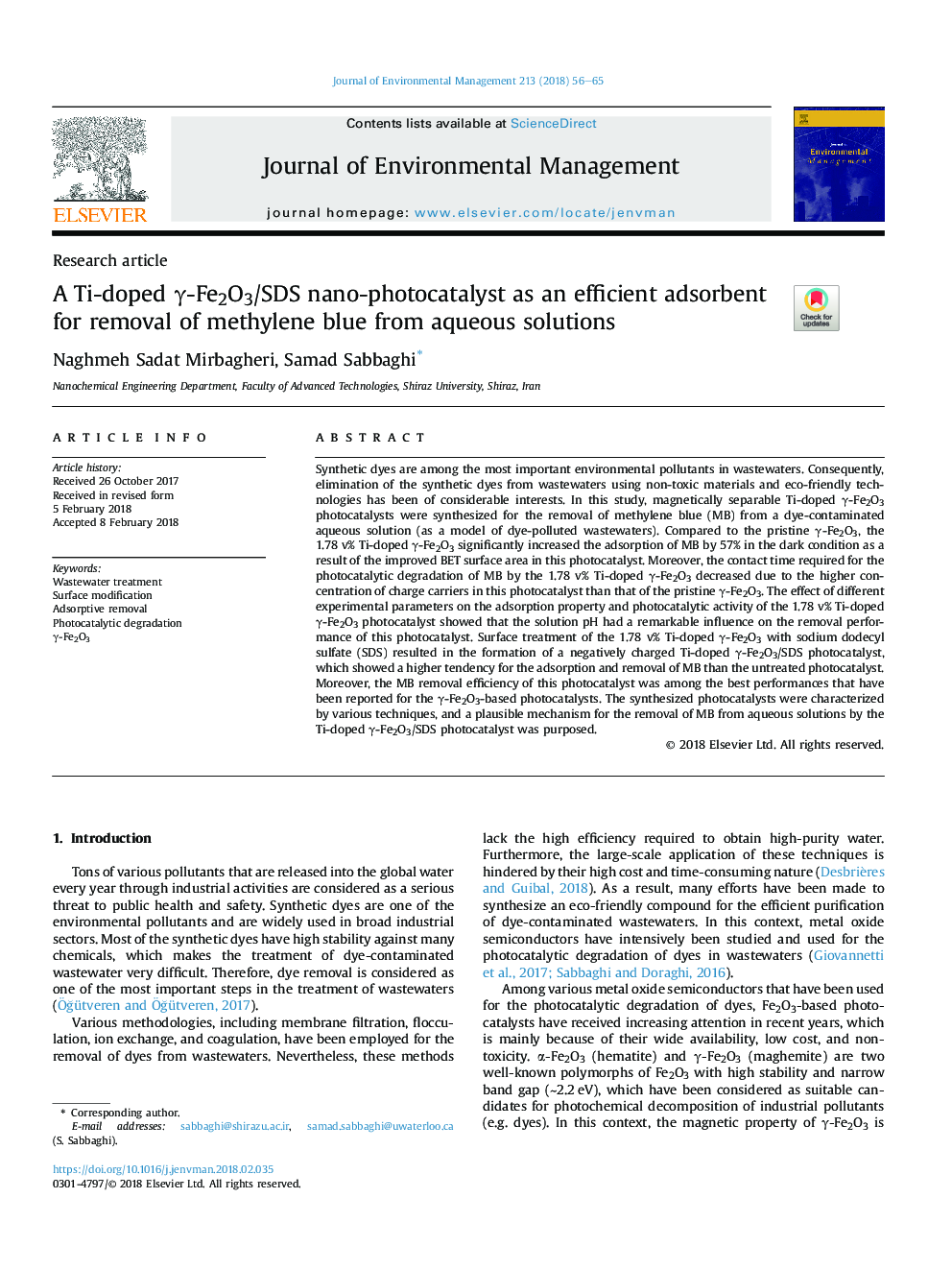 A Ti-doped Î³-Fe2O3/SDS nano-photocatalyst as an efficient adsorbent for removal of methylene blue from aqueous solutions