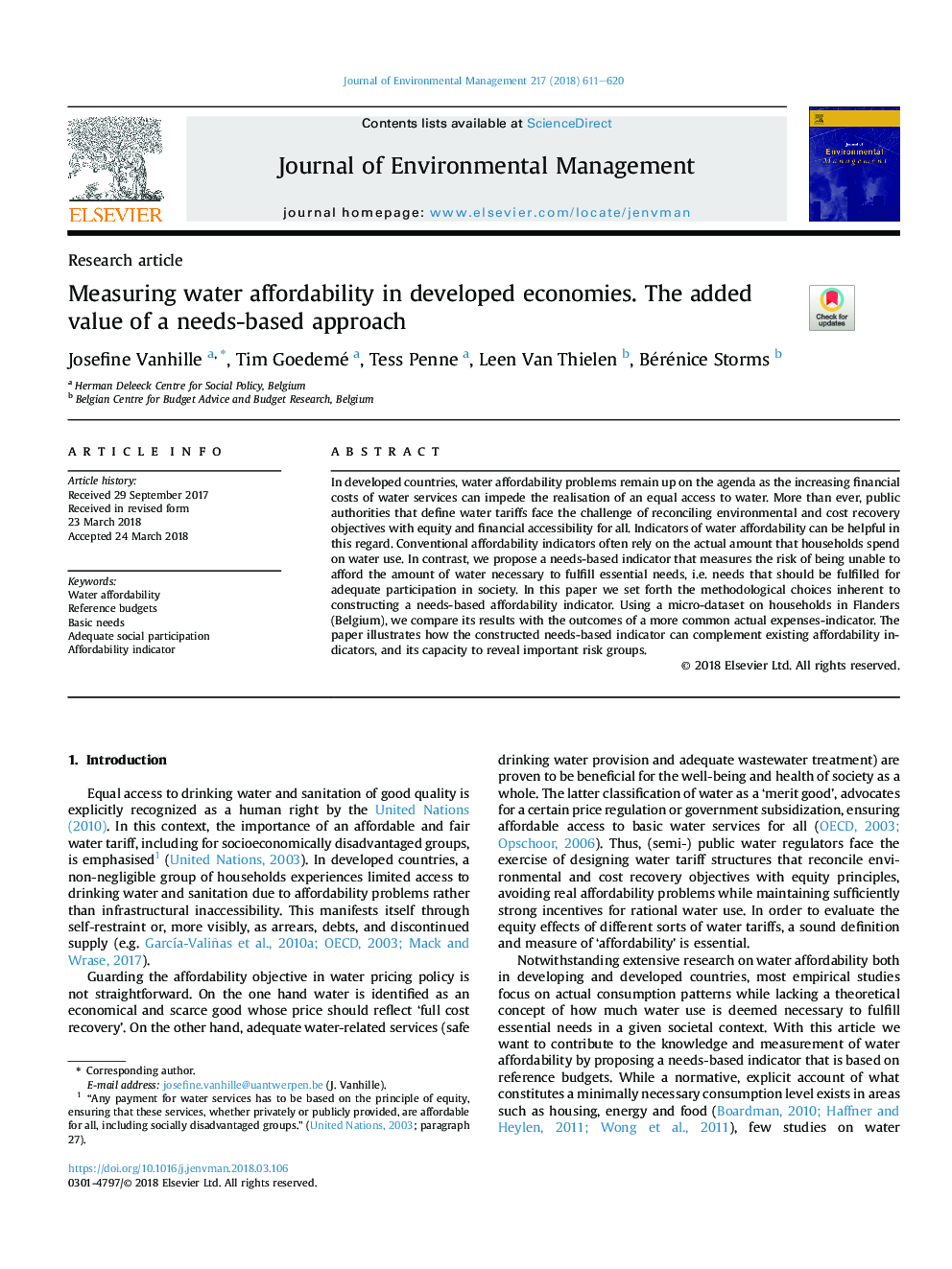 Measuring water affordability in developed economies. The added value of a needs-based approach