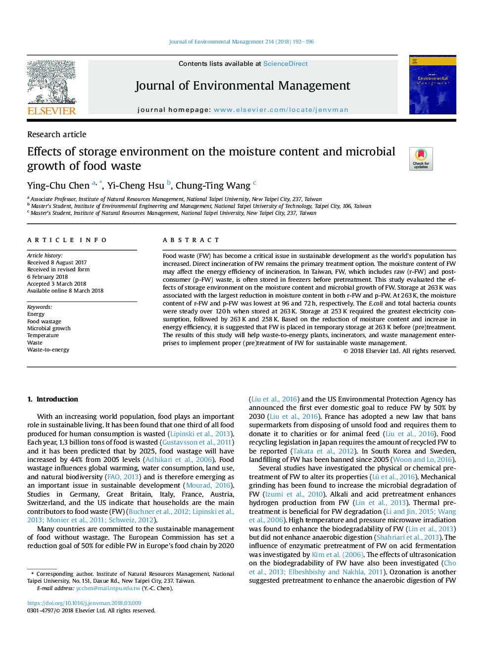 Effects of storage environment on the moisture content and microbial growth of food waste