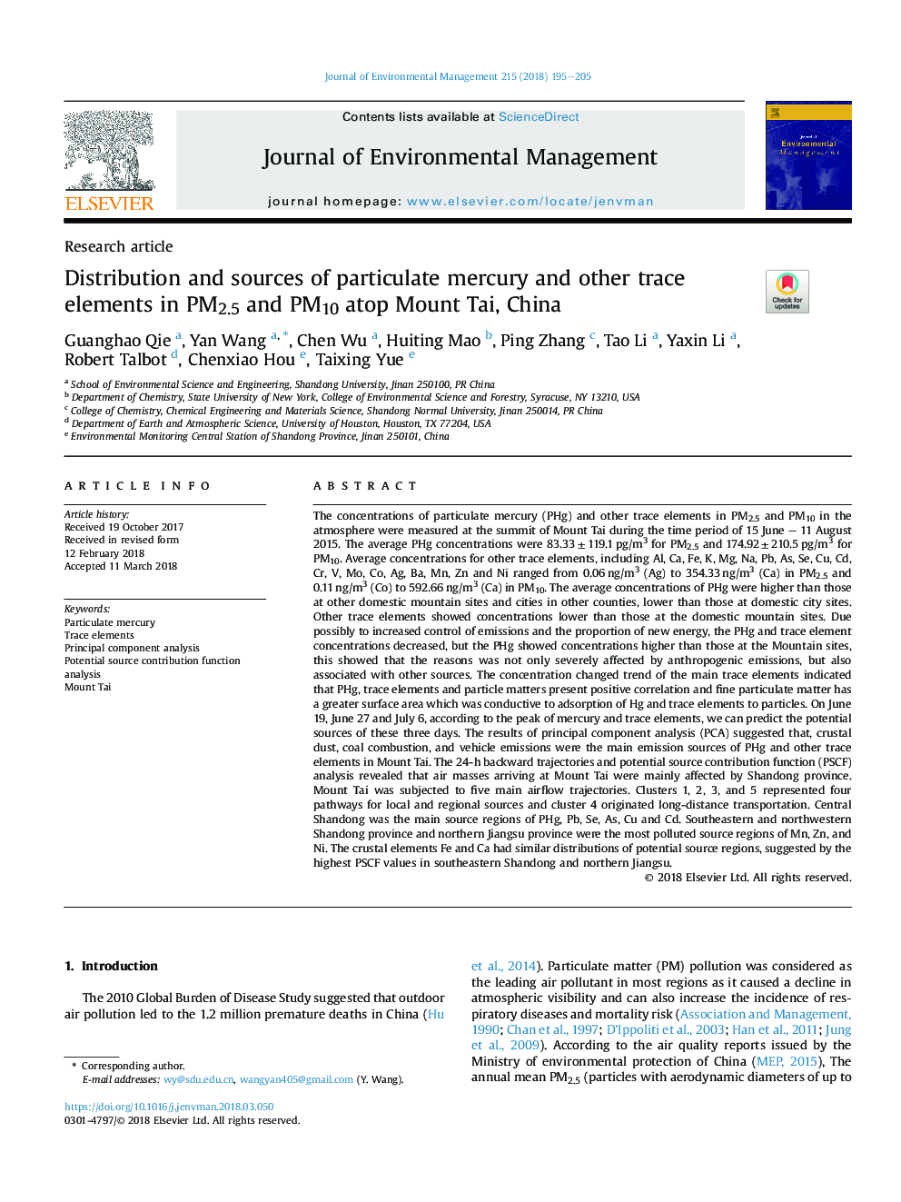 Distribution and sources of particulate mercury and other trace elements in PM2.5 and PM10 atop Mount Tai, China