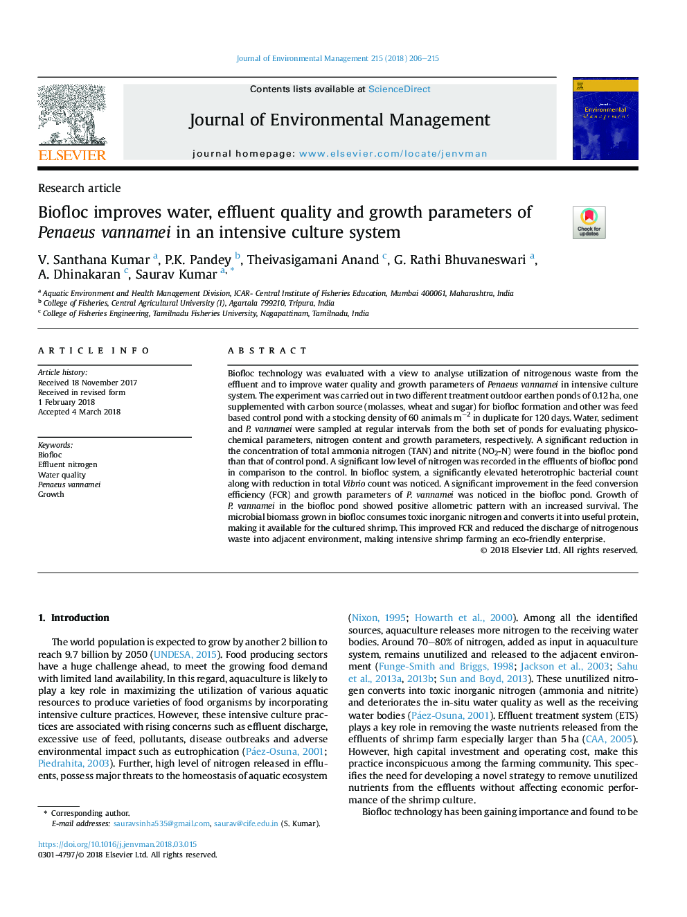 Biofloc improves water, effluent quality and growth parameters of Penaeus vannamei in an intensive culture system