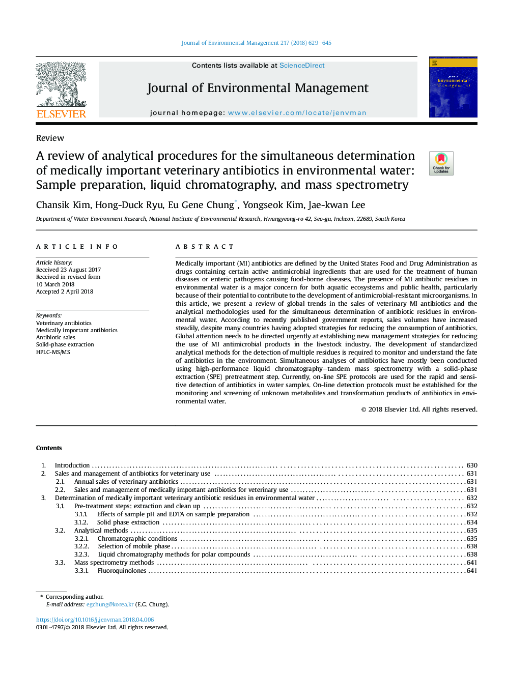 A review of analytical procedures for the simultaneous determination of medically important veterinary antibiotics in environmental water: Sample preparation, liquid chromatography, and mass spectrometry