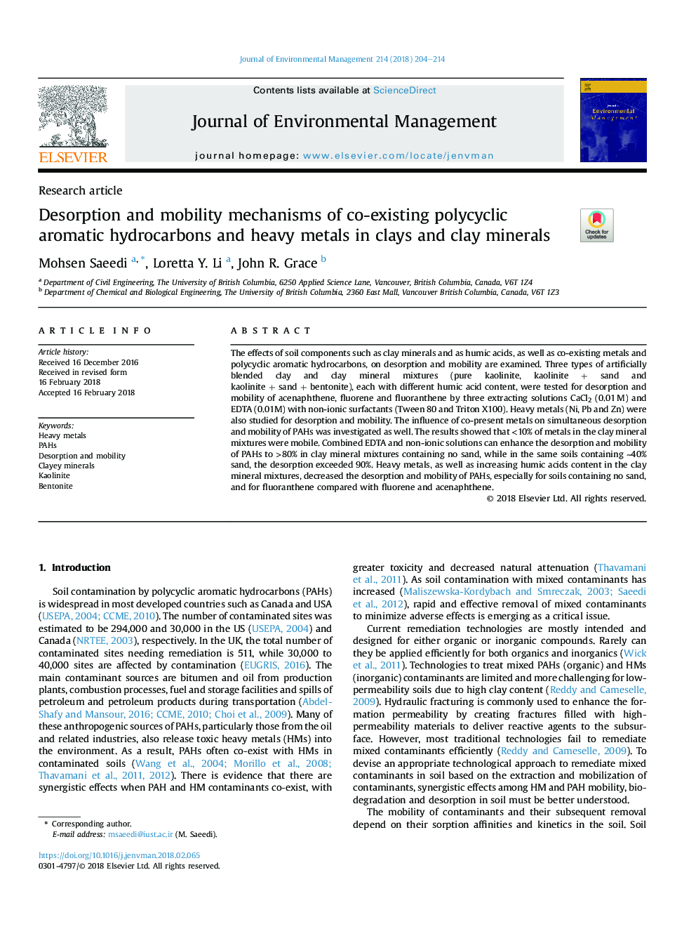 Desorption and mobility mechanisms of co-existing polycyclic aromatic hydrocarbons and heavy metals in clays and clay minerals