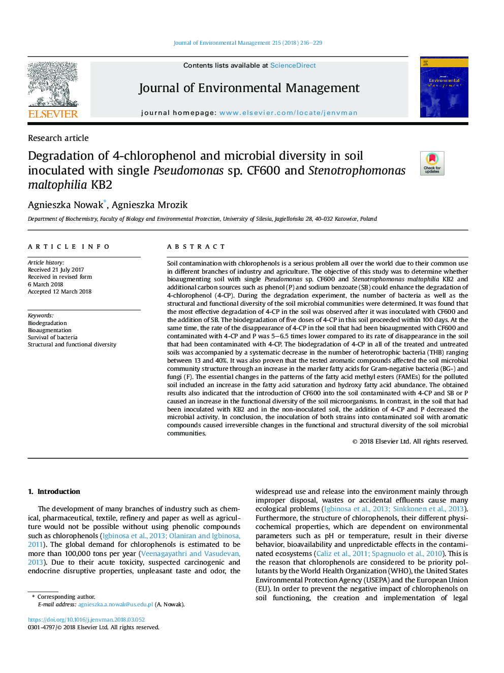 Degradation of 4-chlorophenol and microbial diversity in soil inoculated with single Pseudomonas sp. CF600 and Stenotrophomonas maltophilia KB2