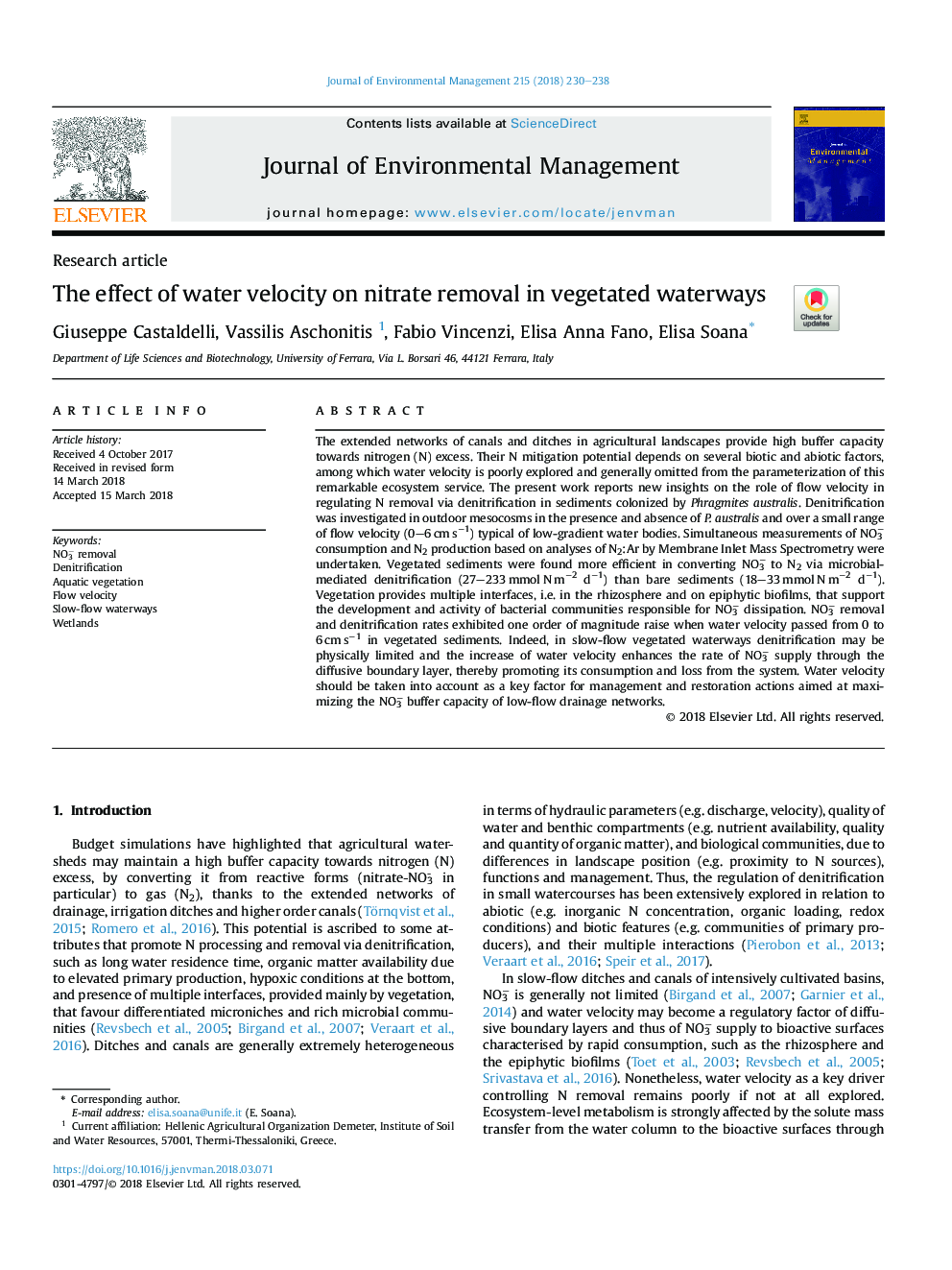 The effect of water velocity on nitrate removal in vegetated waterways