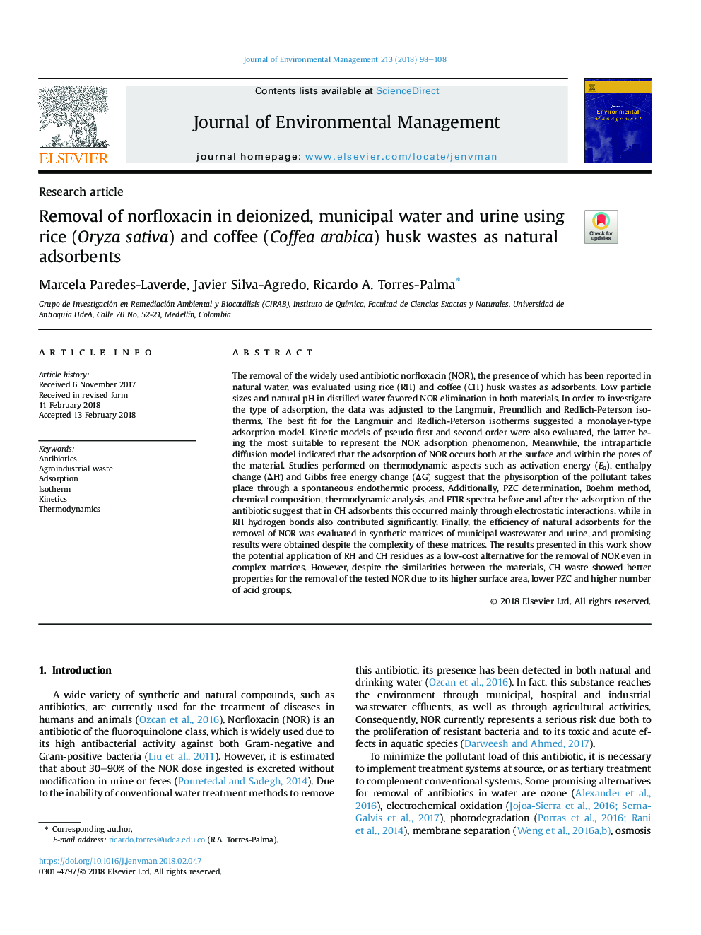 Removal of norfloxacin in deionized, municipal water and urine using rice (Oryza sativa) and coffee (Coffea arabica) husk wastes as natural adsorbents