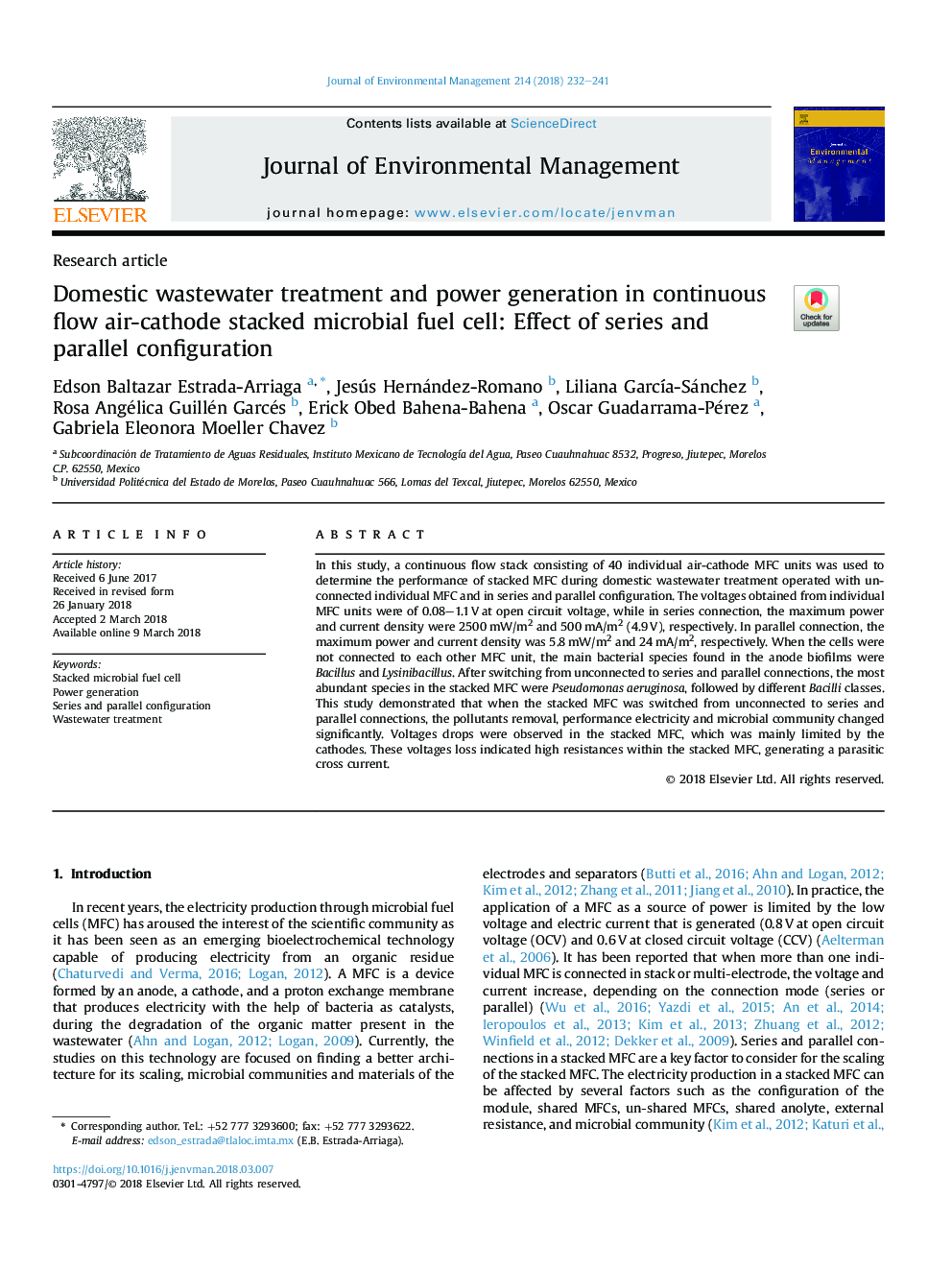 Domestic wastewater treatment and power generation in continuous flow air-cathode stacked microbial fuel cell: Effect of series and parallel configuration