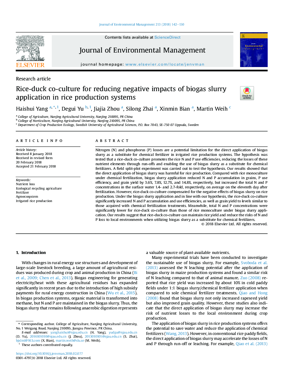 Rice-duck co-culture for reducing negative impacts of biogas slurry application in rice production systems